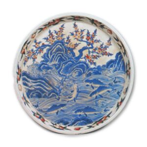 Dish with design of fishes in frolic, enamelled ware