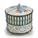 Luncheon box in the shape of insect cage, enamelled ware