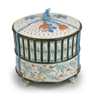 Luncheon box in the shape of insect cage, enamelled ware