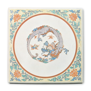 Plaque with rounded dragon design, enamelled ware