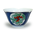 Mukozuke (small bowl for vinegared food) with karahana (conventionalized flowers) design. underglaze blue, overglaze enamels