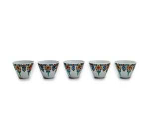 Five wine cups with Buddhist jewel string design, underglaze blue, overgiaze enamels