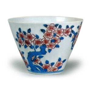 Mukozuke bowl with cherry tree design, underglaze blue,overglaze enamels