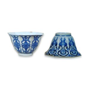 Wine cup with Buddhist jewel string design, blue and white