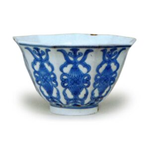 Wine cup with Buddhist jewel string design, blue and white