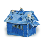 Incense burner in shape of house trained by ivy. blue and white