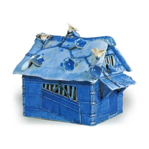 Incense burner in shape of house trained by ivy. blue and white