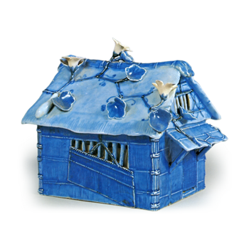 Incense burner in shape of house trained by ivy. blue and white