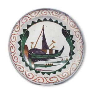 Large bowl with sailboat design, enamelled ware