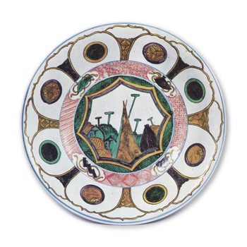 Large bowl with design of fishing nets and lotus petals, enamelled ware