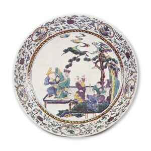 Large dish with design of Chinese boys in frolic, enamelled ware