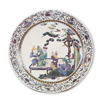 Large dish with design of Chinese boys in frolic, enamelled ware