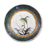 Large dish with kingfisher design, enamelled ware