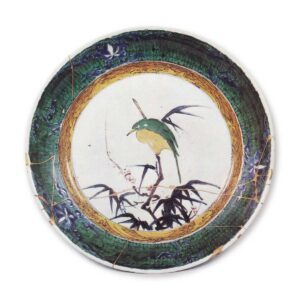 Large dish with kingfisher design, enamelled ware