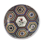 Large dish with design of hexagons and chrysanthemum spray afloat, enamelled ware