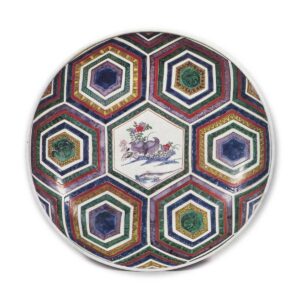 Large dish with design of hexagons and quails, enamelled ware