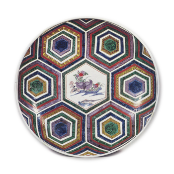 Large dish with design of hexagons and quails, enamelled ware