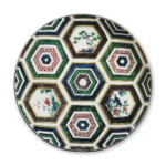 Large dish with design of flower-and-bird in hexagonal patterns, enamelled ware