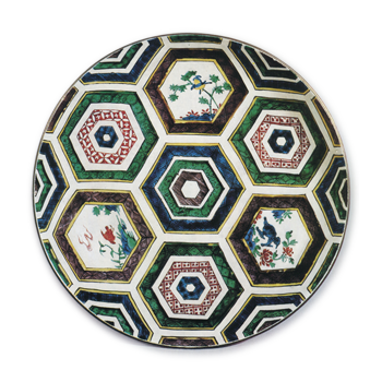 Large dish with design of flower-and-bird in hexagonal patterns, enamelled ware