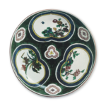 Large dish with peony, iris and chrysanthemum design, enamelled ware