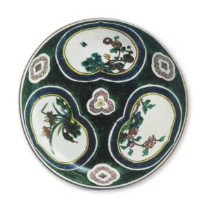 Large dish with peony, iris and chrysanthemum design, enamelled ware