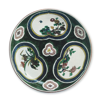 Large dish with peony, iris and chrysanthemum design, enamelled ware