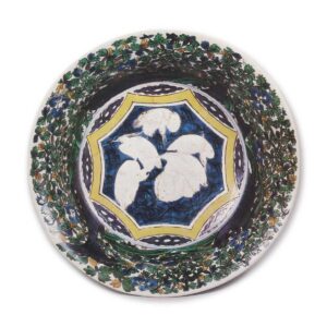 Large bowl with design of herons surrounded by various flowers, enamelled ware