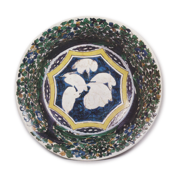 Large bowl with design of herons surrounded by various flowers, enamelled ware