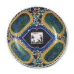 Large dish with deisn of shikishi (square sheet of paper for painting of poetic writing) with landscape against floral patterns, enamelled ware