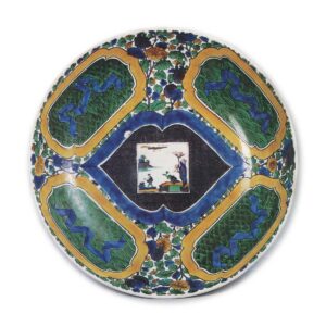 Large dish with deisn of shikishi (square sheet of paper for painting of poetic writing) with landscape against floral patterns, enamelled ware