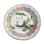 Large dish with landscape design, enamelled ware