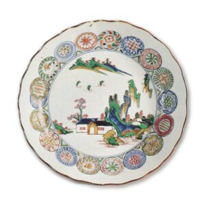 Large dish with landscape design, enamelled ware