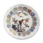 Large dish with design of two birds on camellia branch, enamelled ware