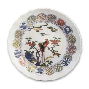 Large dish with design of two birds on camellia branch, enamelled ware