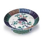 Bowl on foot in the shape of open flower with flower-and-bird design, enamelled ware