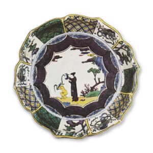 Bowl on foot in the shape of open flower with bathing design, enamelled ware