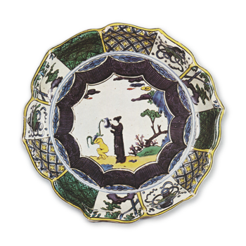 Bowl on foot in the shape of open flower with bathing design, enamelled ware