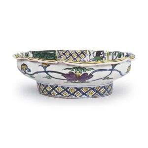 Bowl on foot in the shape of open flower with bathing design, enamelled ware