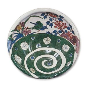 Bowl in the shape of open flower with design of flower-and-bird and spiral, enamelled ware