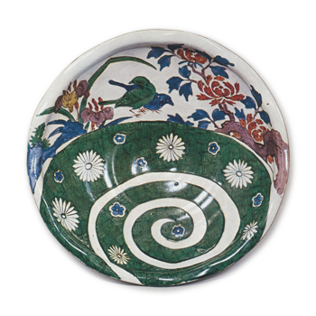Bowl in the shape of open flower with design of flower-and-bird and spiral, enamelled ware