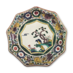 Nonagonal dish with pine and hawk design, enamelled ware