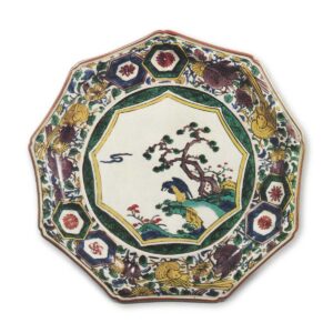 Nonagonal dish with pine and hawk design, enamelled ware