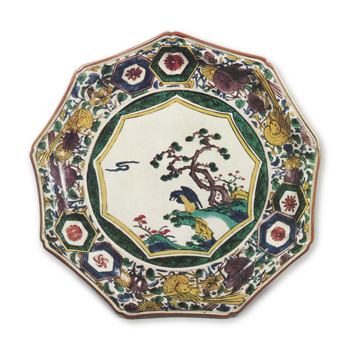 Nonagonal dish with pine and hawk design, enamelled ware