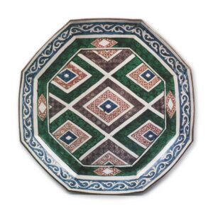 Octagonal dish with lozenge patterns, enamelled ware