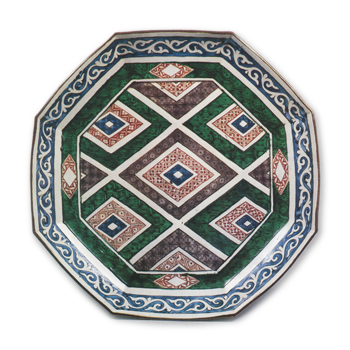 Octagonal dish with lozenge patterns, enamelled ware