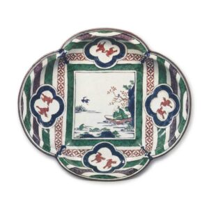 Large lobed dish with design of angler, enamelled ware