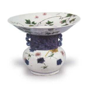 Flower vessel with clematis design, enamelled ware