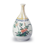 Large wine bottle with peony and butterfly design, enamelled ware