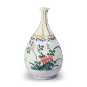 Large wine bottle with peony and butterfly design, enamelled ware