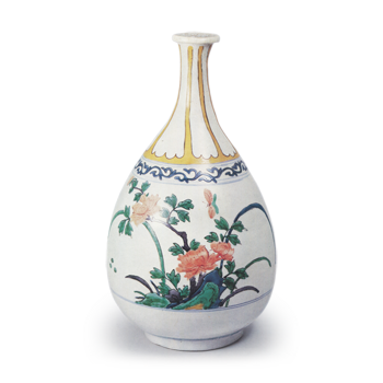Large wine bottle with peony and butterfly design, enamelled ware